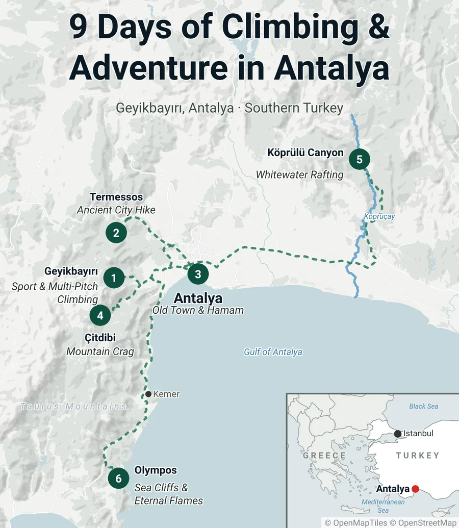 Where the trip goes. Climbing at Geyikbayırı and Çitdibi above Antalya, the ancient city of Termessos, the old town and hamam, rafting in Köprülü Canyon, and the sea cliffs and eternal flames at Olympos.