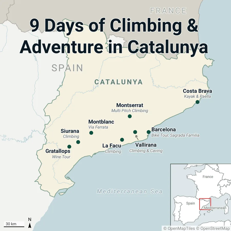 Where the trip goes. Barcelona, caving at Vallirana, Siurana with Gratallops and the Priorat next door, the via ferrata near Montblanc, Montserrat, and the Costa Brava to finish.