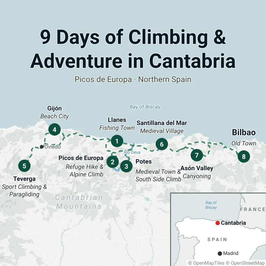 Where the trip goes. Bilbao, Llanes, the Picos de Europa and Potes, Gijón, Teverga, Santillana del Mar and canyoning in the Asón valley.