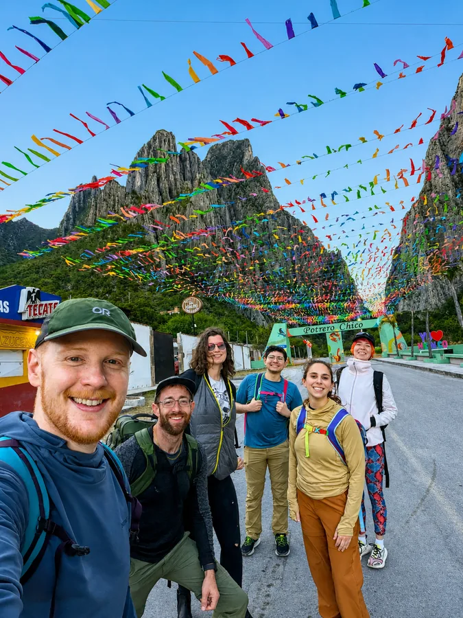 The gate to El Potrero Chico, a short walk from basecamp. The bunting stays up all winter.
