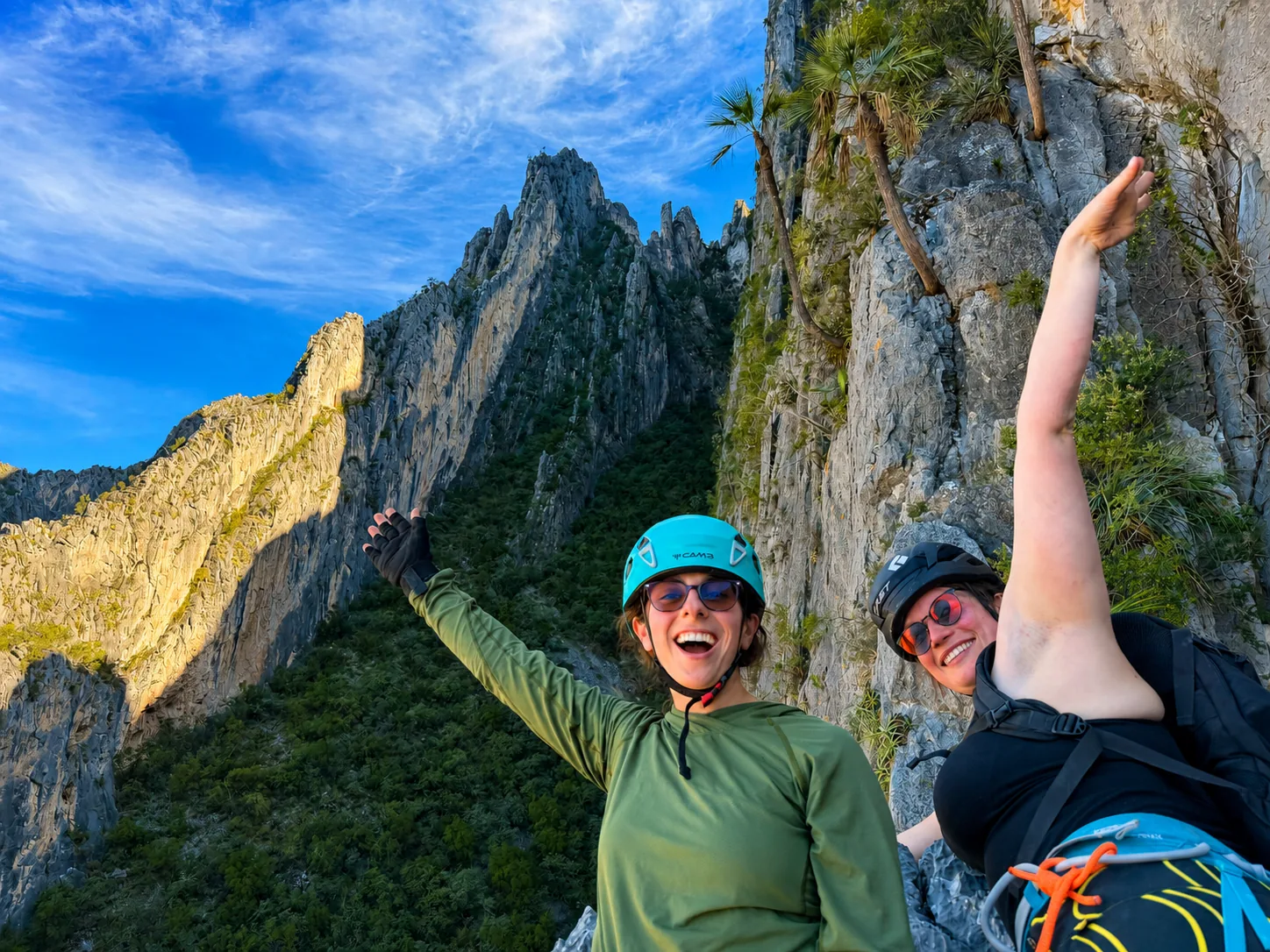 Multi-pitch day at El Potrero Chico. Belay ledges like this one come every rope length, each with a bigger view of the canyon.