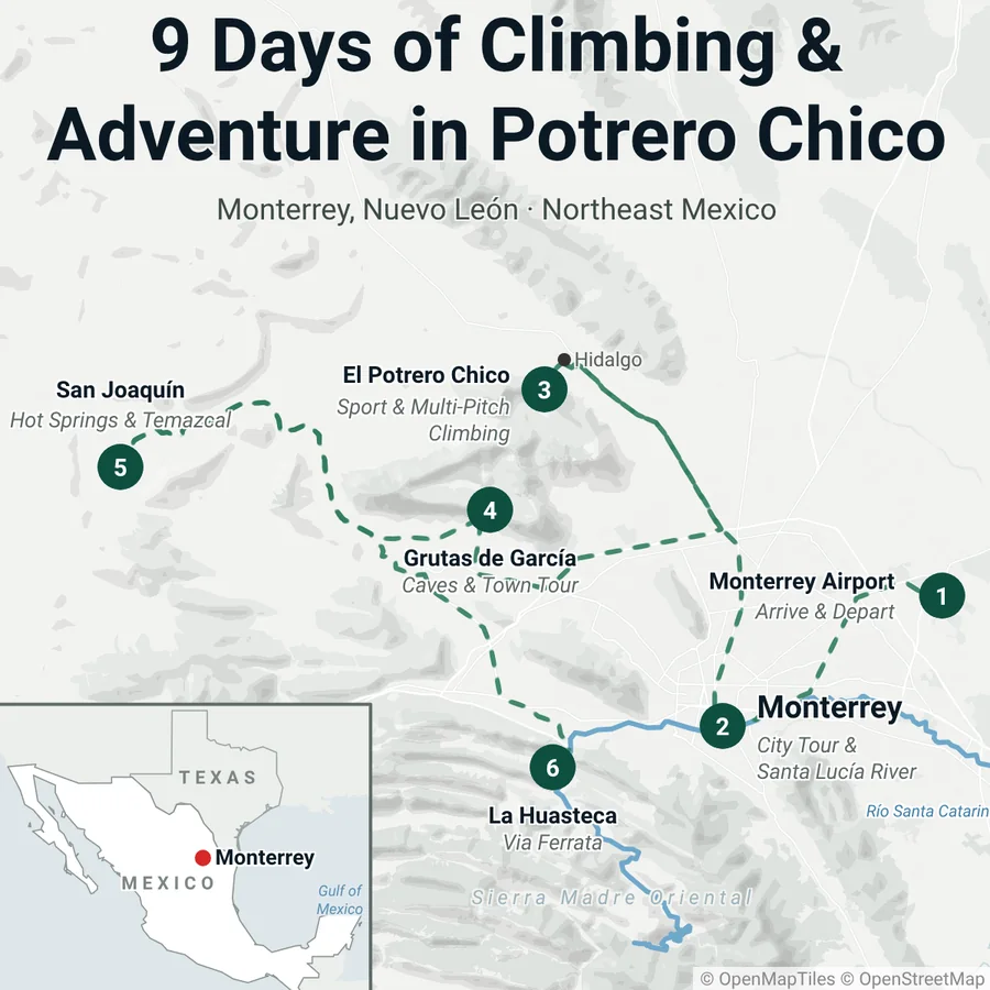 Where the trip goes. Monterrey and the airport, the climbing at El Potrero Chico above Hidalgo, the Grutas de García caves, the San Joaquín hot springs and temazcal, and the via ferrata in La Huasteca.